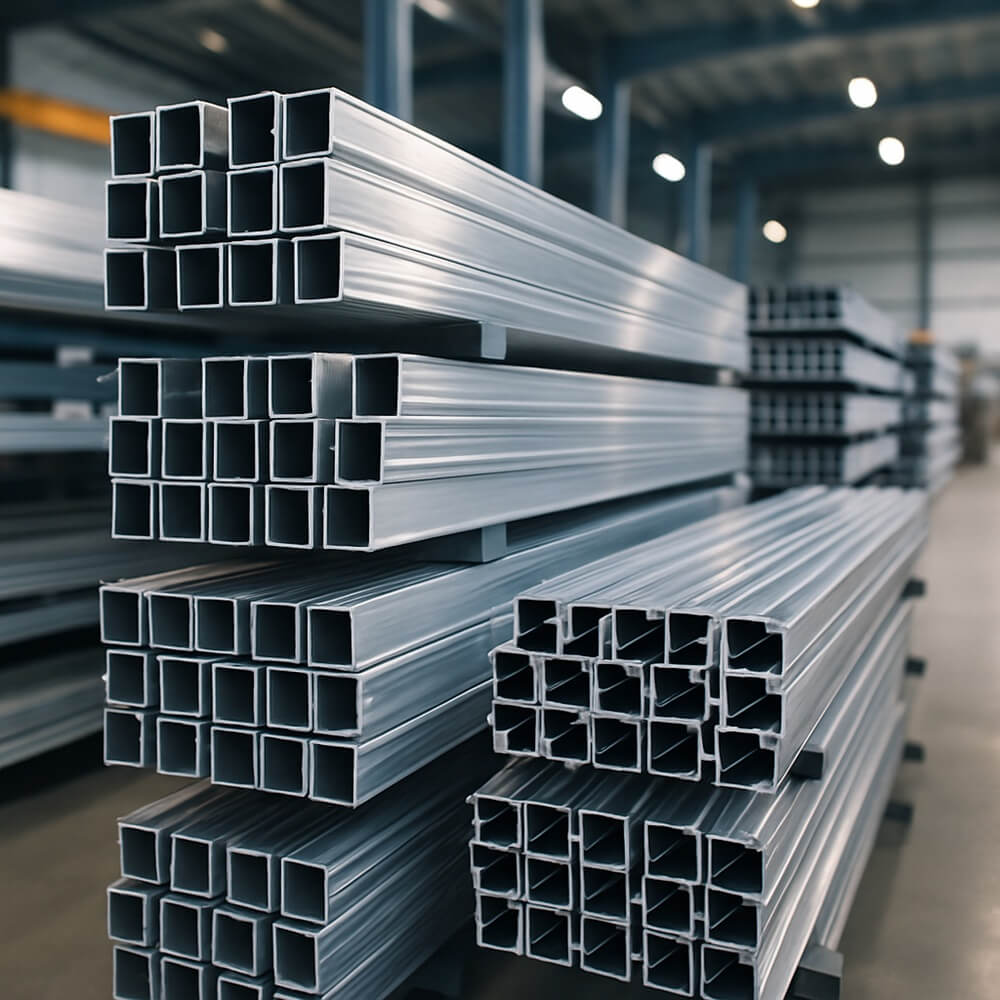 Stacks of aluminium extrusion profiles in a clean, modern factory, representing growth in aluminium market share among UK fabricators.