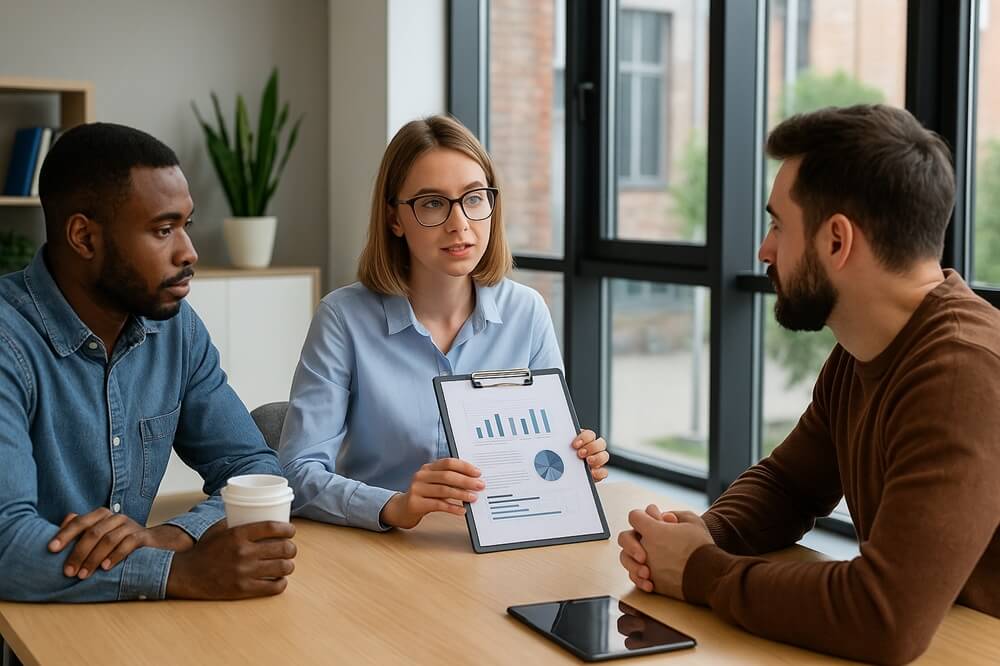 Customer research focus group session with participants and researcher discussing feedback