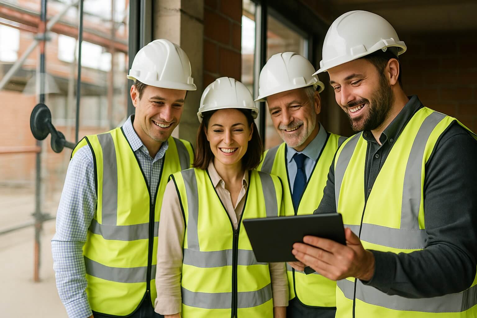 Four construction professionals reviewing glazing installation using a tablet on-site