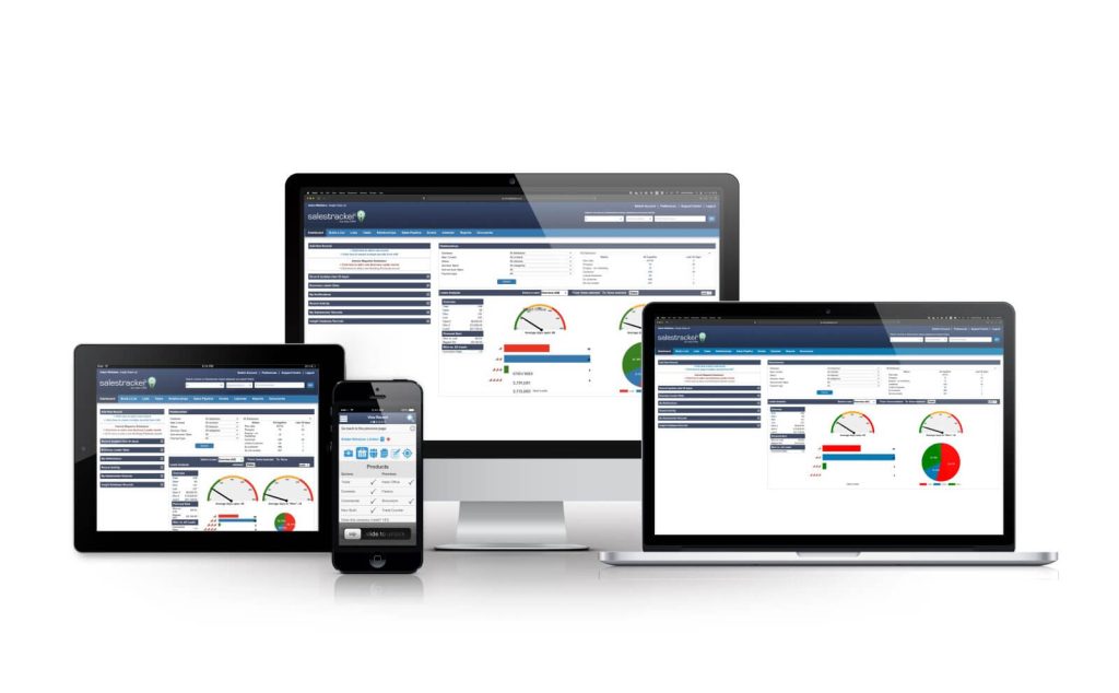 Salestracker CRM displayed on a desktop monitor, tablet, laptop and smartphone, showing its fully responsive interface.