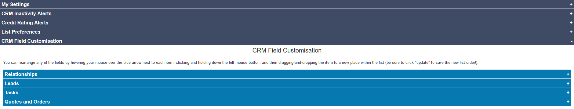 Salestracker - Preferences CRM Customisations Tab