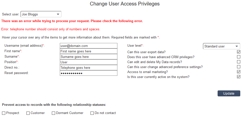 Salestracker Preferences User Access Details Errors