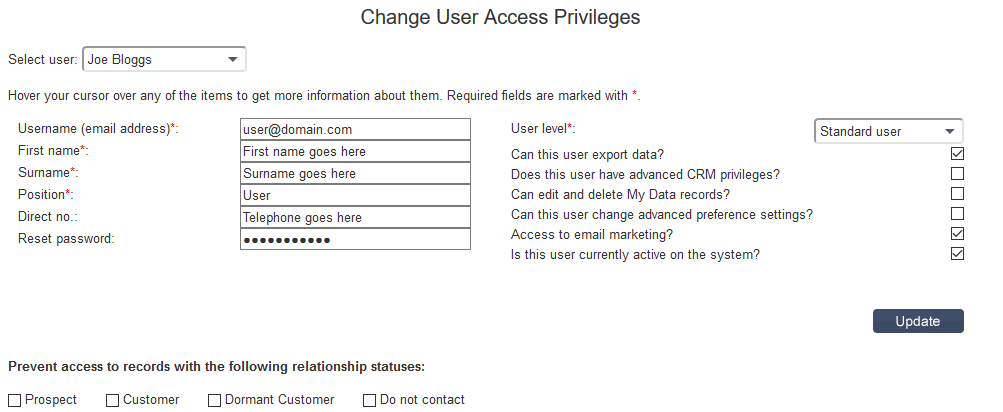 Salestracker Preferences User Access Details